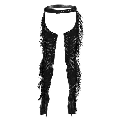 Black Side Fringe Stiletto Heeled Pant Boots - Onlymaker