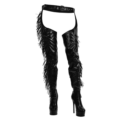 Black Side Fringe Stiletto Heeled Pant Boots - Onlymaker