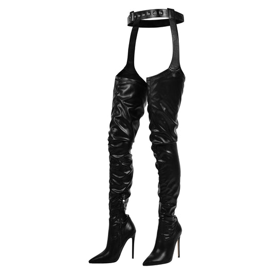Black Pleated Stiletto Heeled Pant Boots - Onlymaker