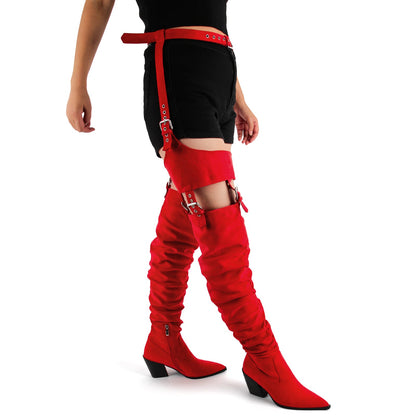 Suede Pleated Multi Buckle Chunky Heel Pant Boots - Onlymaker