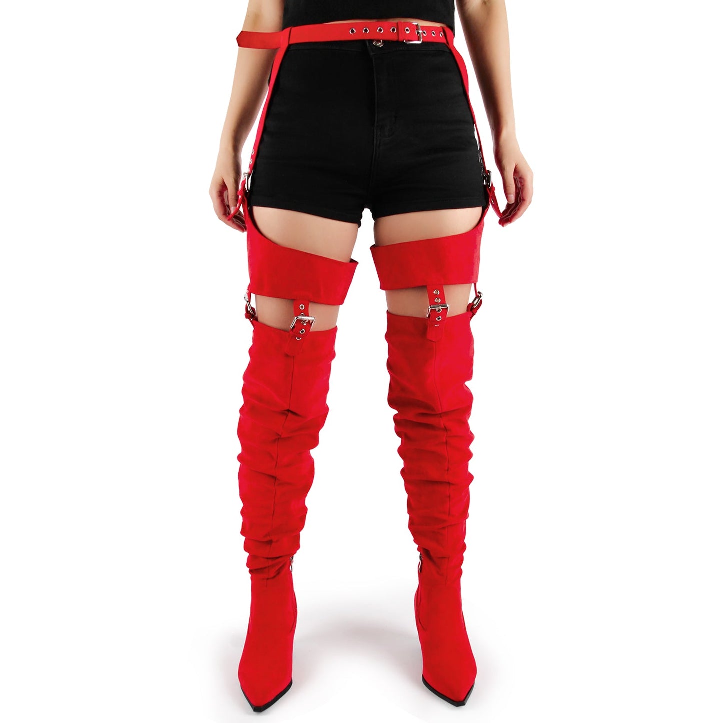 Suede Pleated Multi Buckle Chunky Heel Pant Boots - Onlymaker