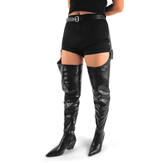 Pointed Toe Buckle Chunky Heel Pant Boots - Onlymaker