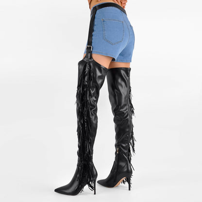 Pointed Toe Fringe Stiletto Pant Boots - Onlymaker