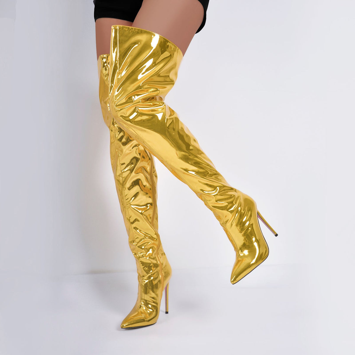 Metallic Pointed Toe Stiletto Over The Knee Boots - Onlymaker