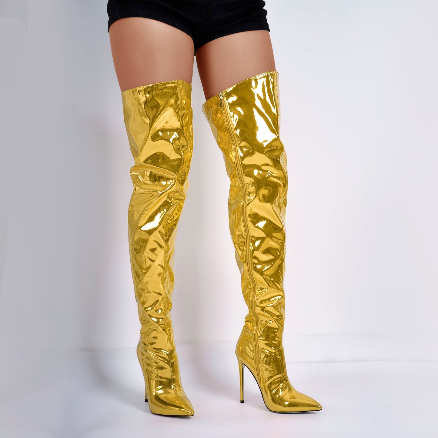 Metallic Pointed Toe Stiletto Over The Knee Boots - Onlymaker