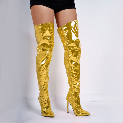 Metallic Pointed Toe Stiletto Over The Knee Boots - Onlymaker