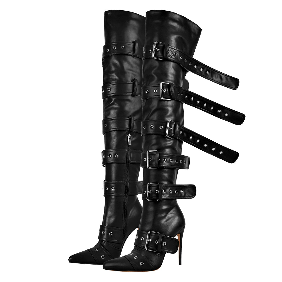Multi Buckle Strap Thigh High Pointed Toe Stiletto Boots - Onlymaker