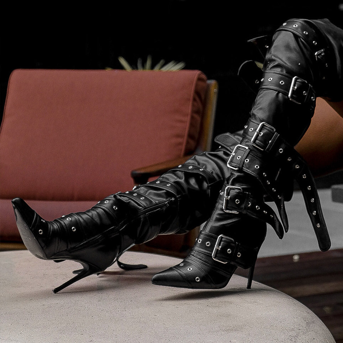 Multi Buckle Strap Thigh High Pointed Toe Stiletto Boots - Onlymaker