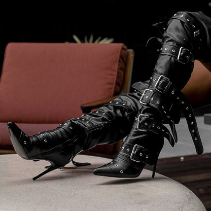Multi Buckle Strap Thigh High Pointed Toe Stiletto Boots - Onlymaker