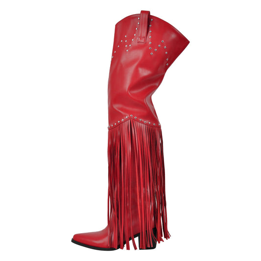 Chunky Heel Fringe Over The Knee Boots - Onlymaker