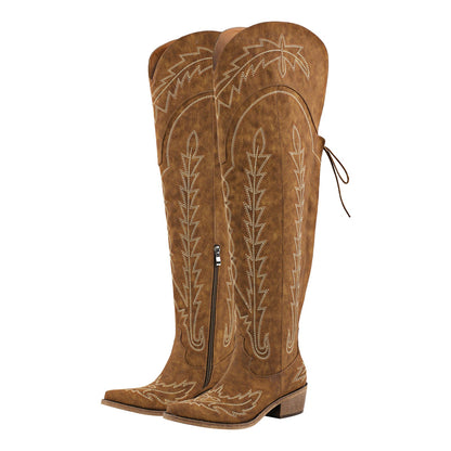 Embroidery Back Lace-up Over The Knee Western Boots - Onlymaker