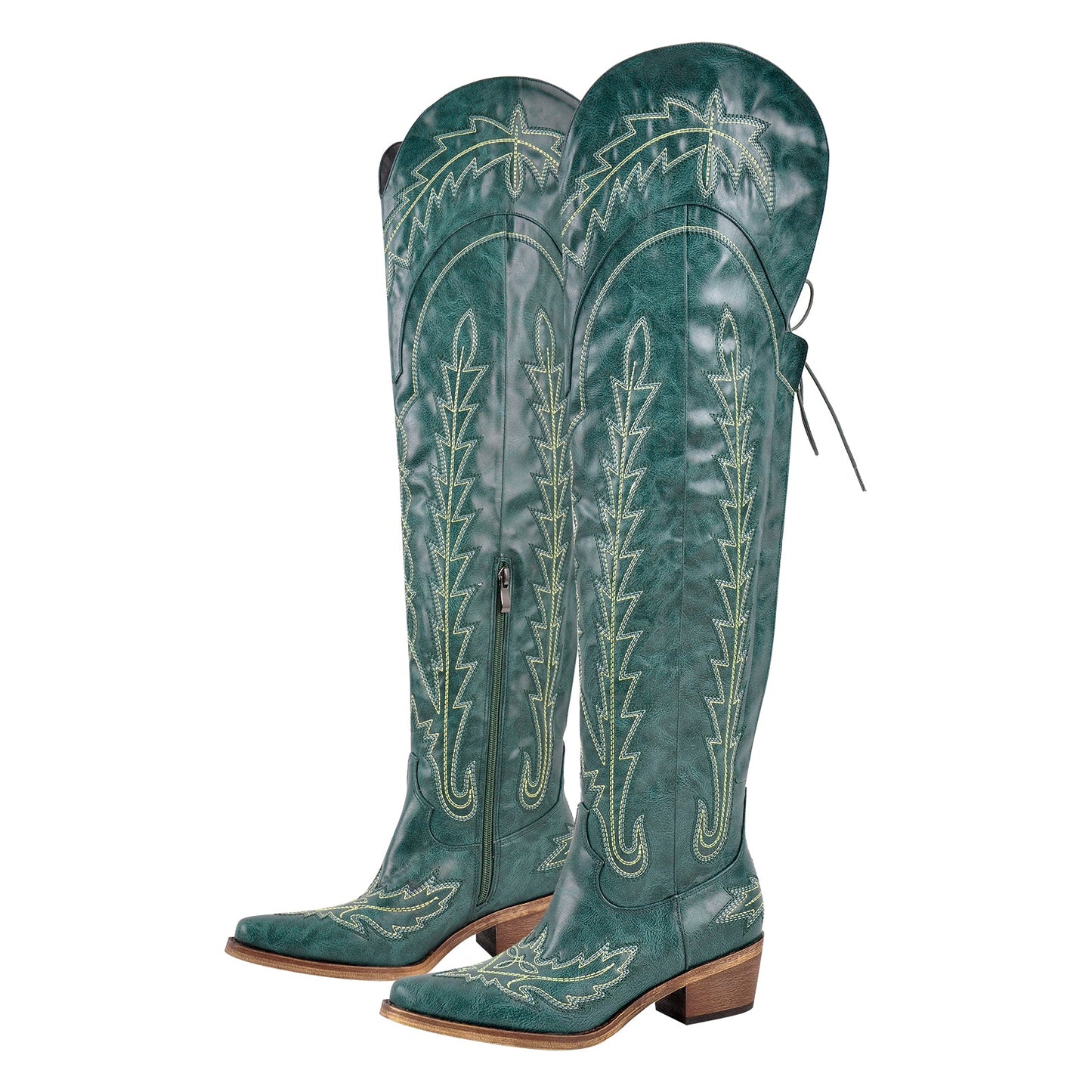 Embroidery Back Lace-up Over The Knee Western Boots - Onlymaker