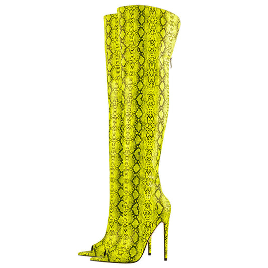 Open Toe Snake Fluorescent Color Stiletto High Heel Over The Knee Boot - Onlymaker