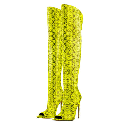 Open Toe Snake Fluorescent Color Stiletto High Heel Over The Knee Boot - Onlymaker