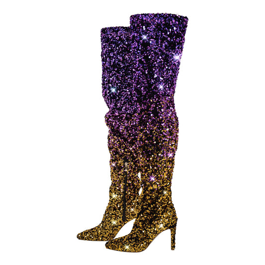 Sequins Gradient Color Pointed Toe Thigh High Stiletto Boots - Onlymaker