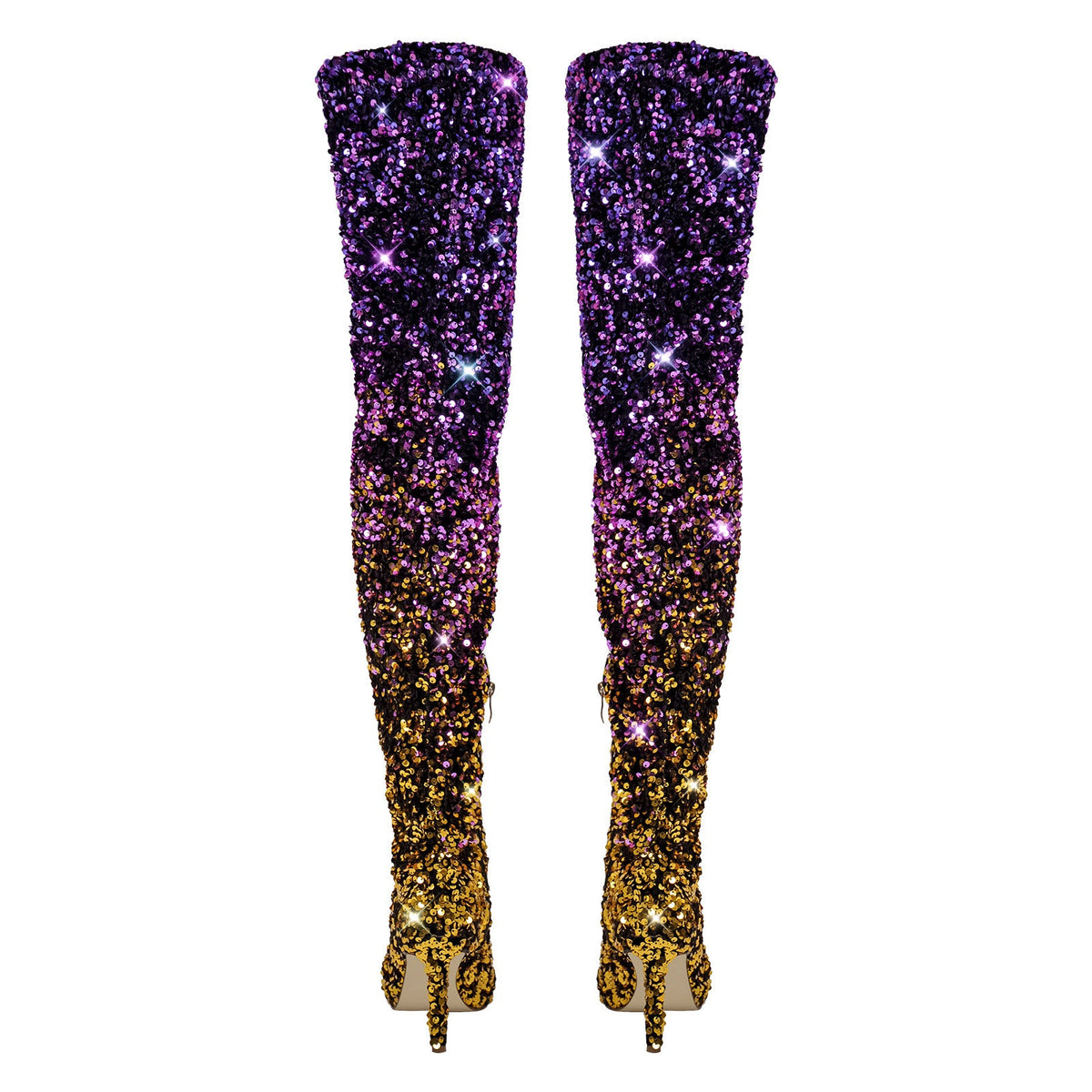 Sequins Gradient Color Pointed Toe Thigh High Stiletto Boots - Onlymaker