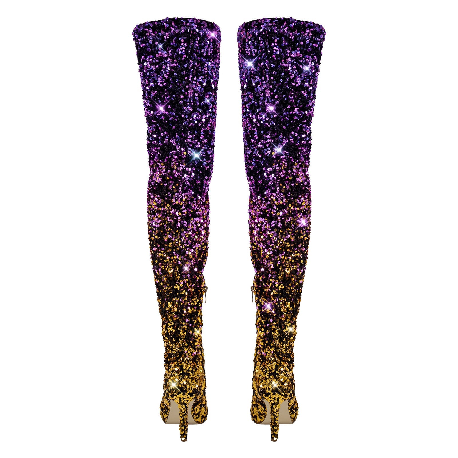 Sequins Gradient Color Pointed Toe Thigh High Stiletto Boots - Onlymaker