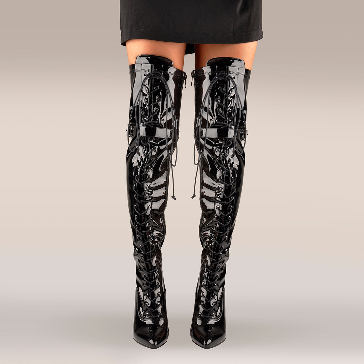 Patent Leather Lace up Over the Knee Motorcycle Boots - Onlymaker