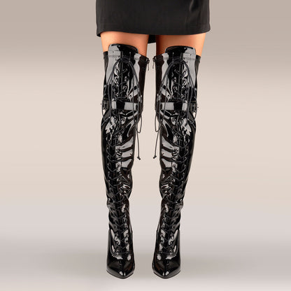 Patent Leather Lace up Over the Knee Motorcycle Boots - Onlymaker