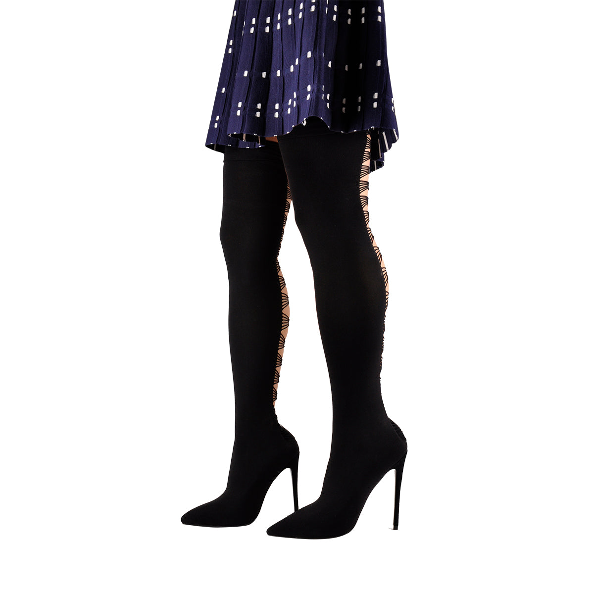 Thigh High Pointy Toe Stiletto Stretch Back Hollow Out Stocking Bootie - Onlymaker