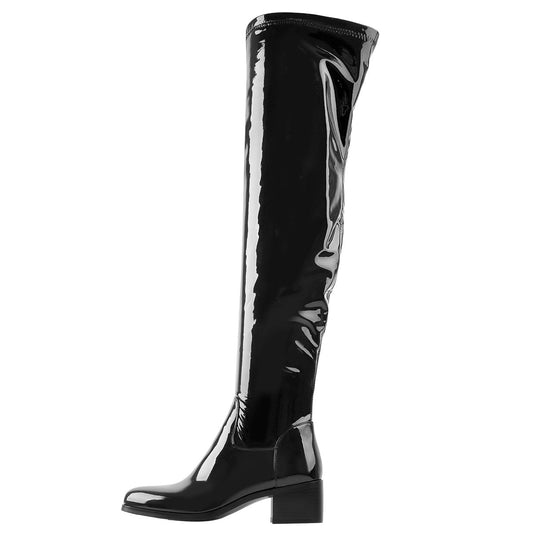 Black Patent Leather Over The Knee Boots - Onlymaker