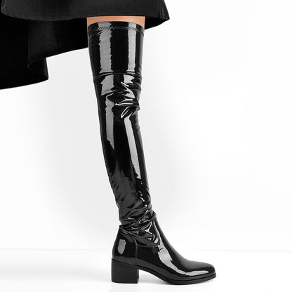 Black Patent Leather Over The Knee Boots - Onlymaker