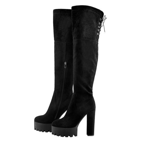 Faux Suede Lace Up Round Toe Thigh High Winter Bootie - Onlymaker