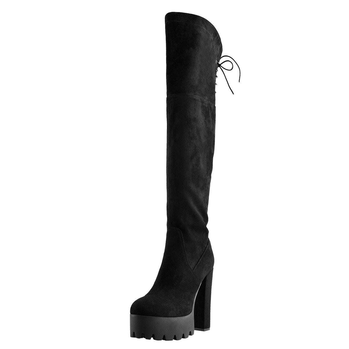 Faux Suede Lace Up Round Toe Thigh High Winter Bootie - Onlymaker