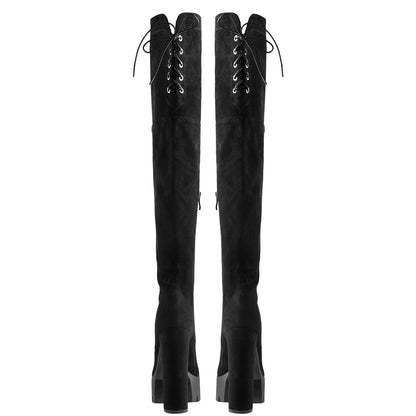 Faux Suede Lace Up Round Toe Thigh High Winter Bootie - Onlymaker