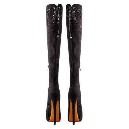 Black Suede Round Toe Platform Over The Knee Boots - Onlymaker