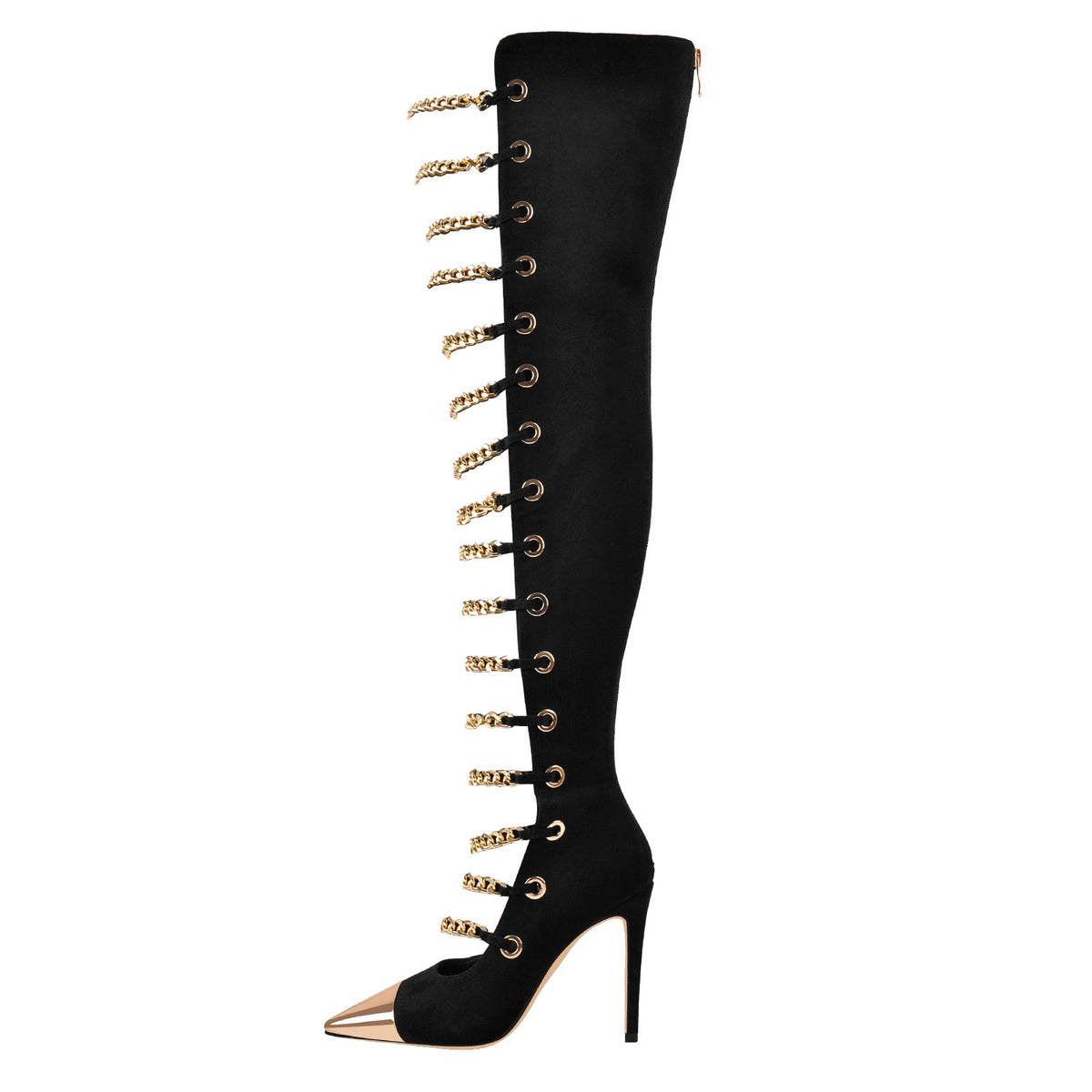 Metal Chain Pointed Toe Over The Knee High Boots - Onlymaker