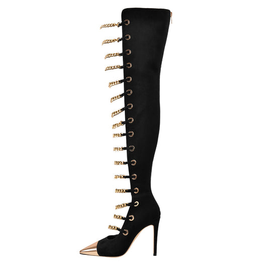 Metal Chain Pointed Toe Over The Knee High Boots - Onlymaker