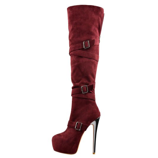 Suede Platform Buckle Stiletto Over The Knee High Boots - Onlymaker