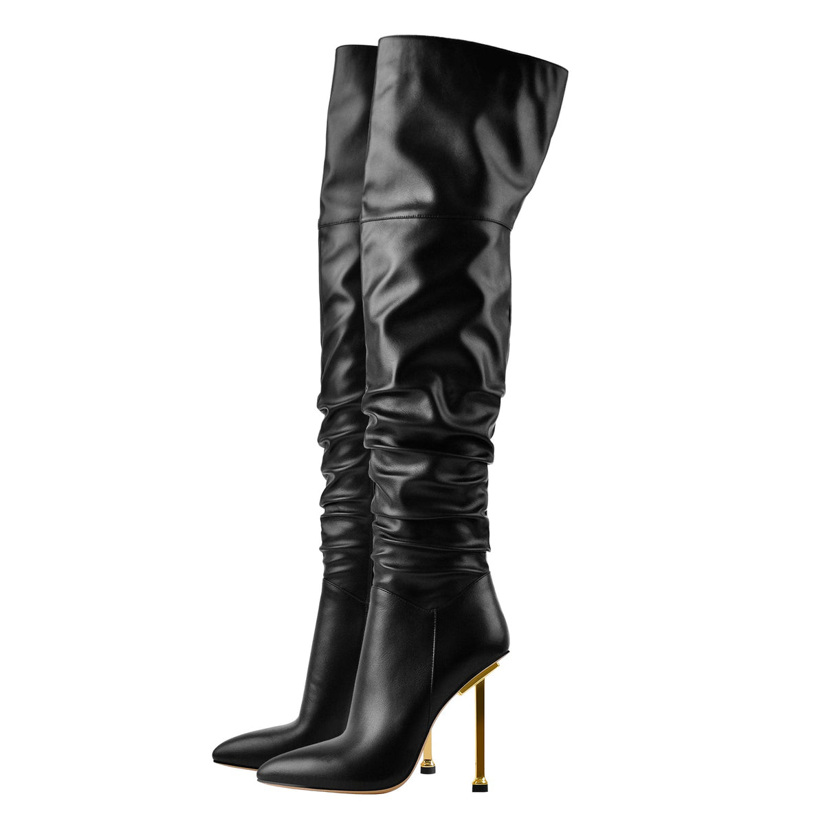Pointed Toe Matte Black Metal Heels Stiletto Thigh Boots - Onlymaker