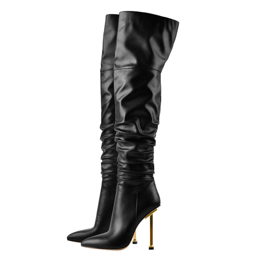 Pointed Toe Matte Black Metal Heels Stiletto Thigh Boots - Onlymaker