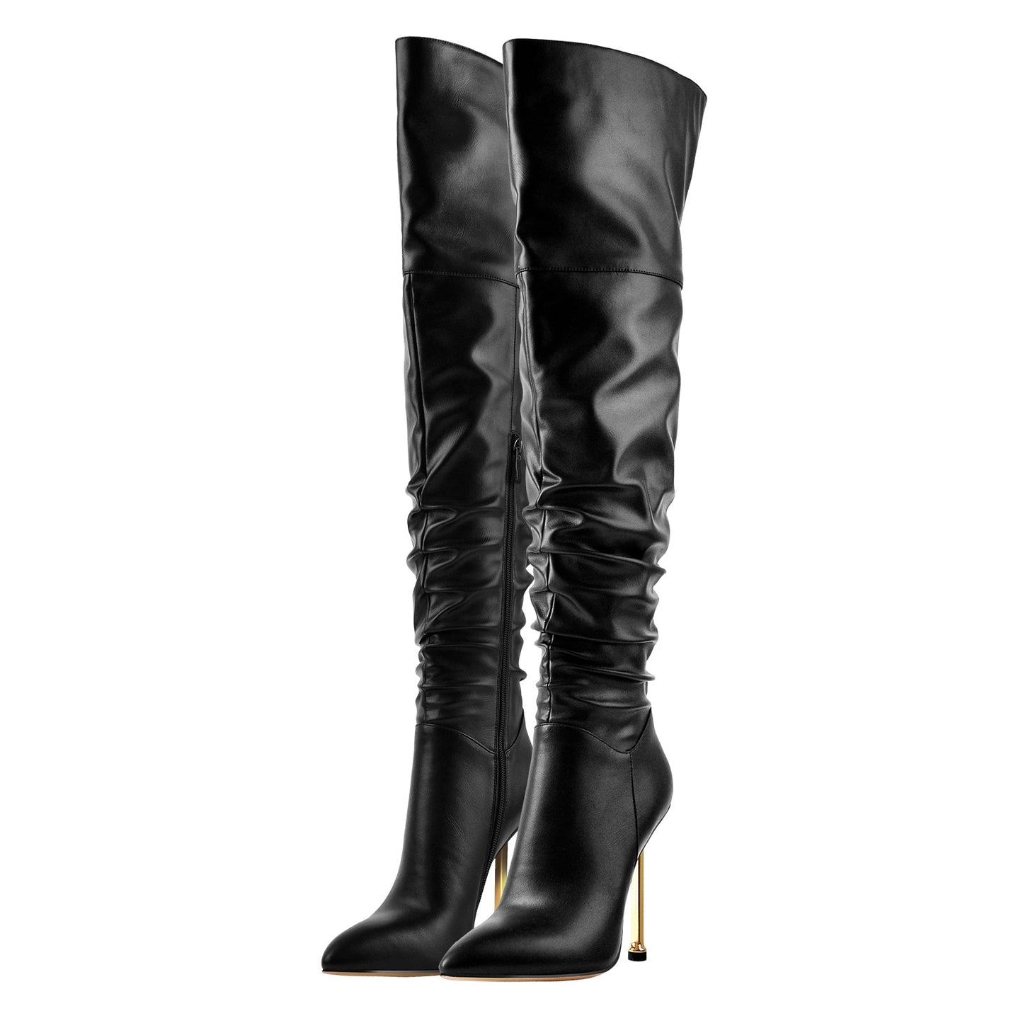 Pointed Toe Matte Black Metal Heels Stiletto Thigh Boots - Onlymaker