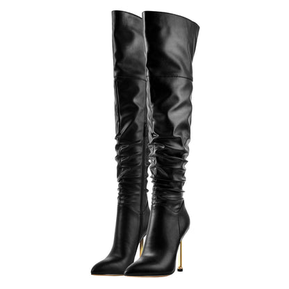 Pointed Toe Matte Black Metal Heels Stiletto Thigh Boots - Onlymaker