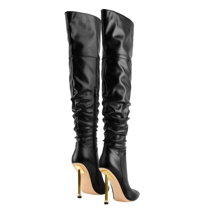 Pointed Toe Matte Black Metal Heels Stiletto Thigh Boots - Onlymaker