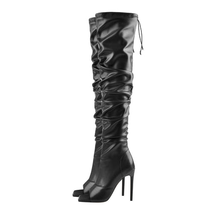 Black Open Square Toe Over The Knee Stiletto Zipper Boots - Onlymaker