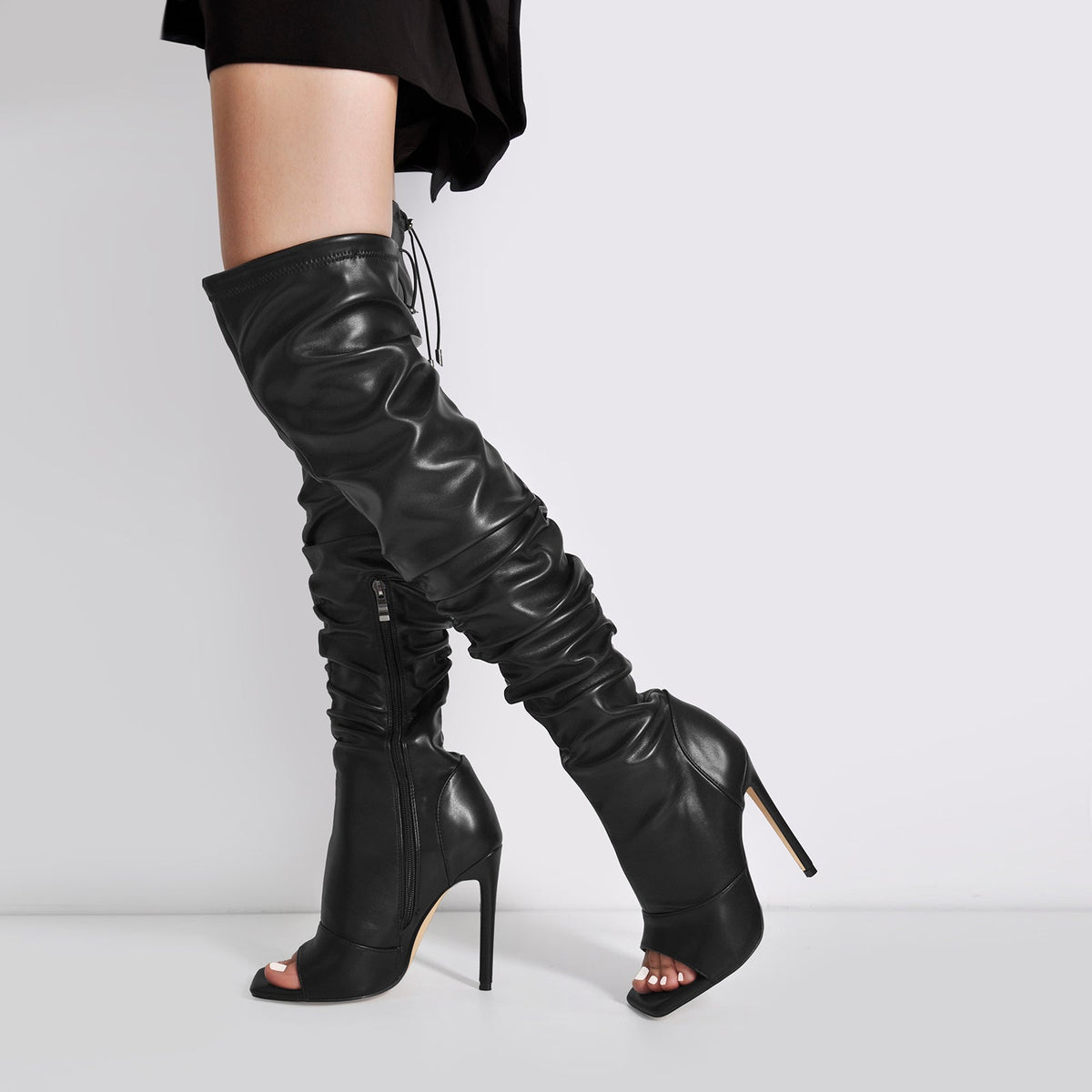 Black Open Square Toe Over The Knee Stiletto Zipper Boots - Onlymaker