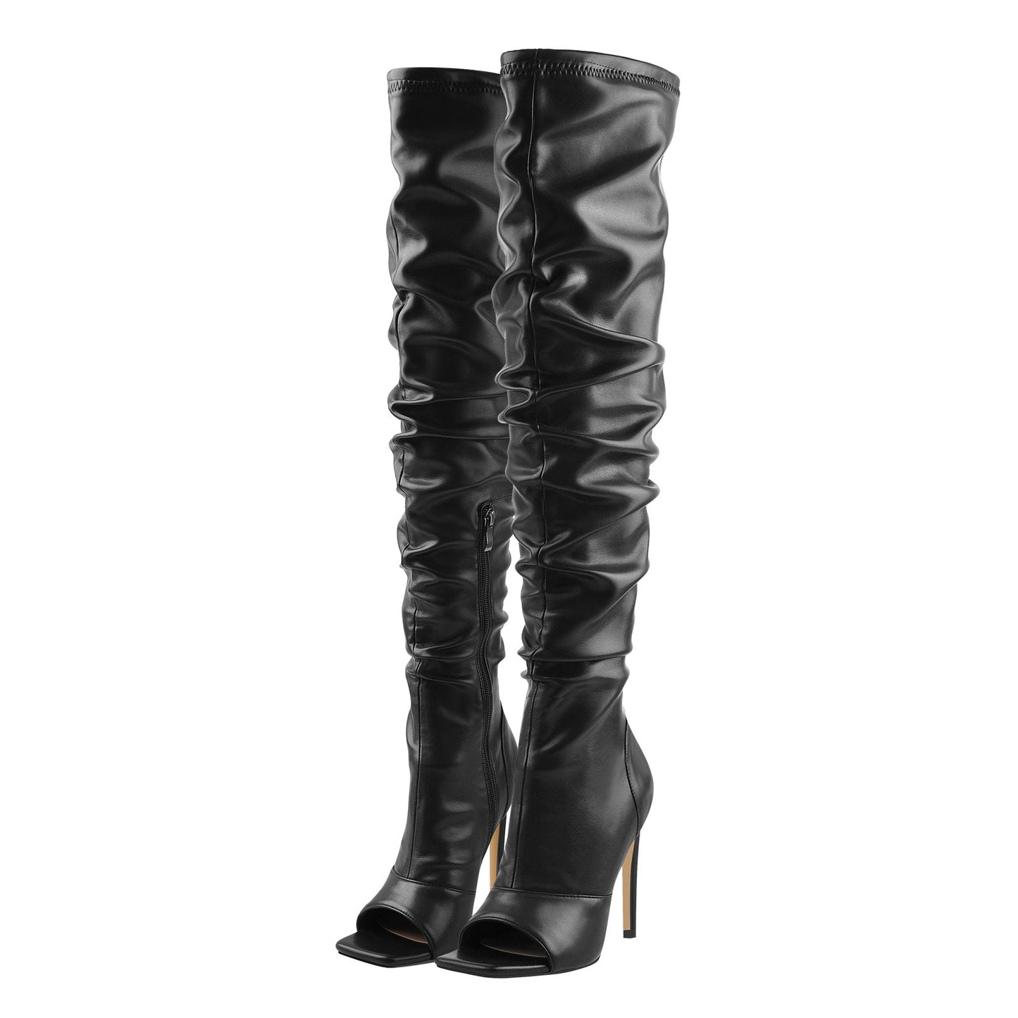 Black Open Square Toe Over The Knee Stiletto Zipper Boots - Onlymaker