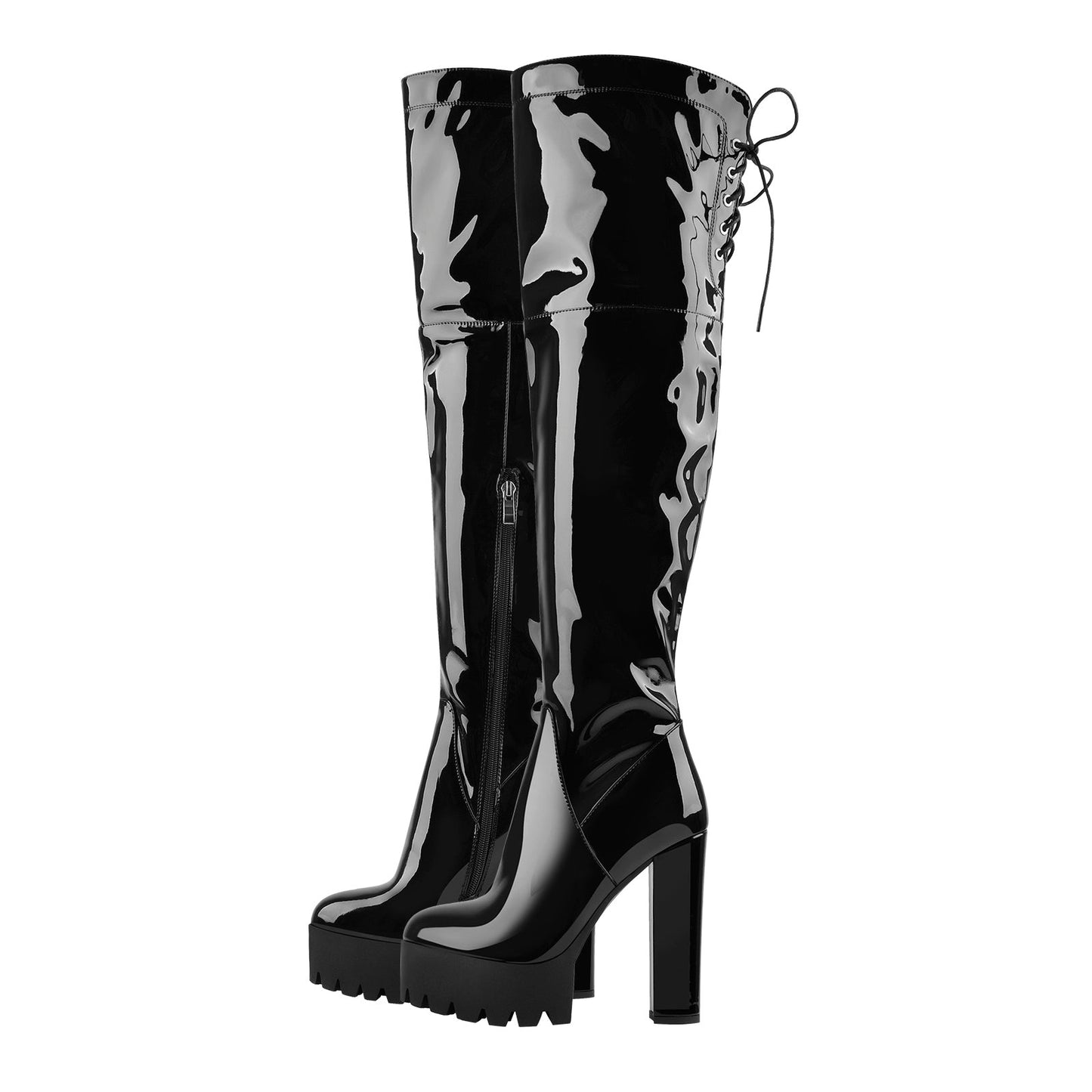 Patent Black Platform Lace Up Chunky Heels Thigh Boots - Onlymaker