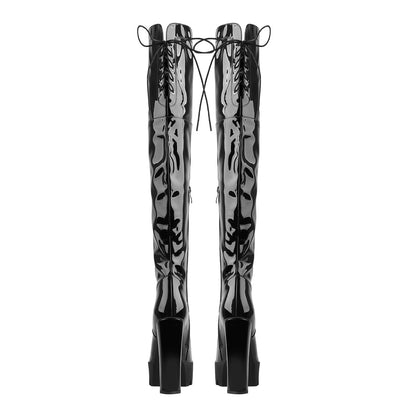 Patent Black Platform Lace Up Chunky Heels Thigh Boots - Onlymaker