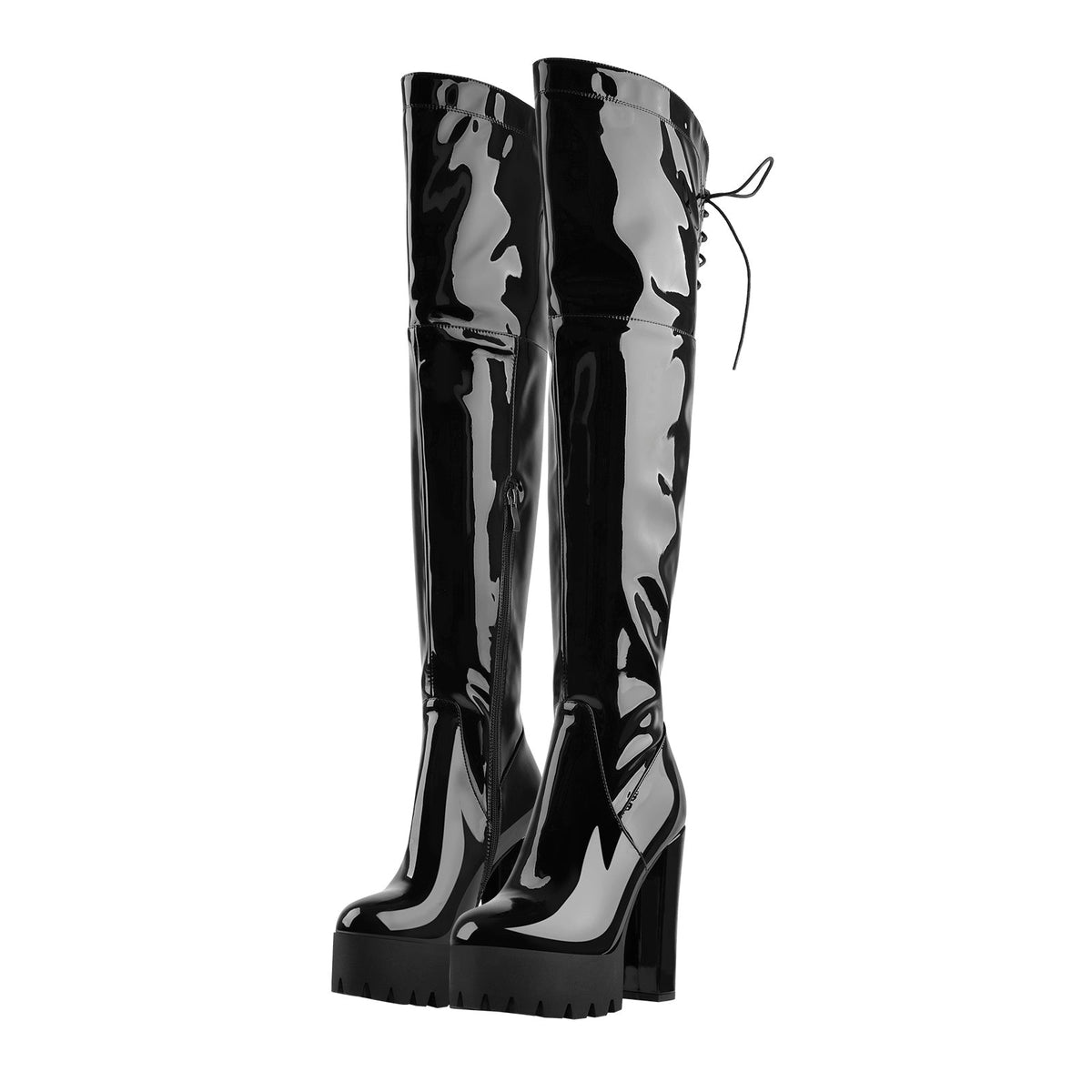 Patent Black Platform Lace Up Chunky Heels Thigh Boots - Onlymaker