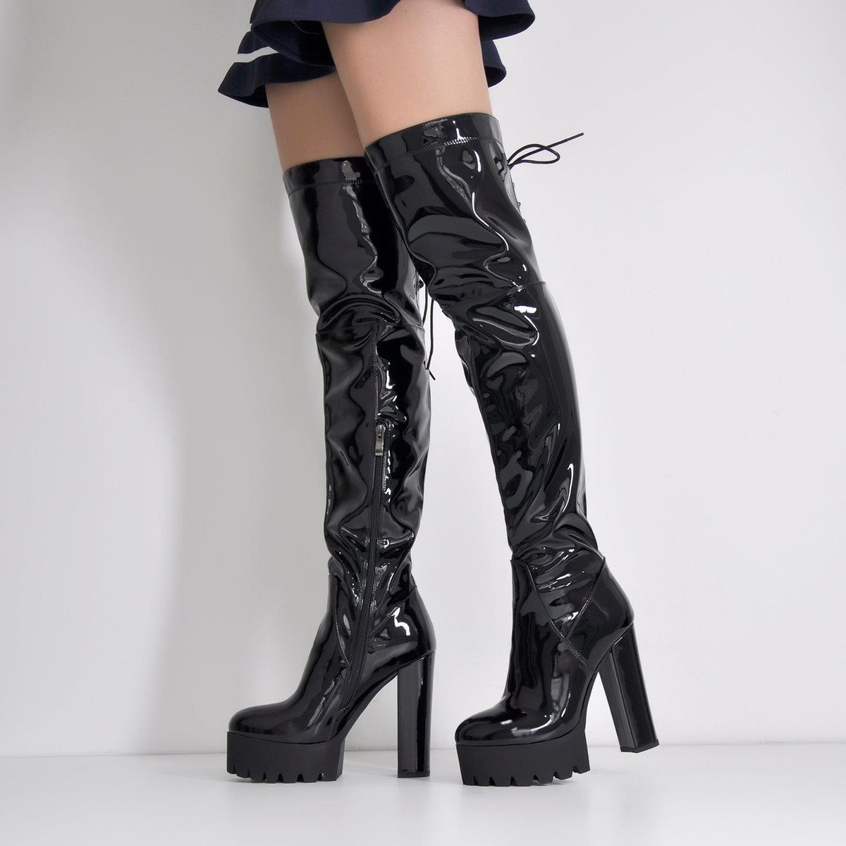 Patent Black Platform Lace Up Chunky Heels Thigh Boots - Onlymaker