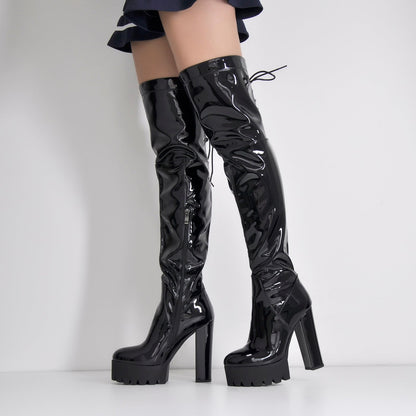 Patent Black Platform Lace Up Chunky Heels Thigh Boots - Onlymaker