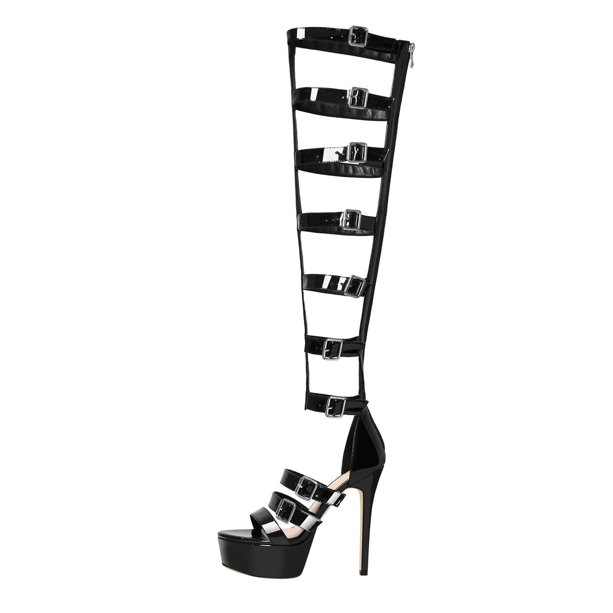 Round Toe Black Over The Knee Stiletto Boots Sandals - Onlymaker