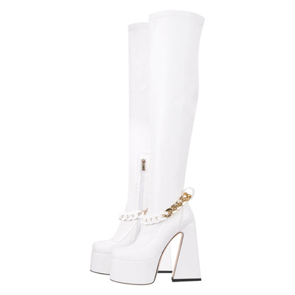 Square Toe Metal Chain Chunky Thigh Boots - Onlymaker