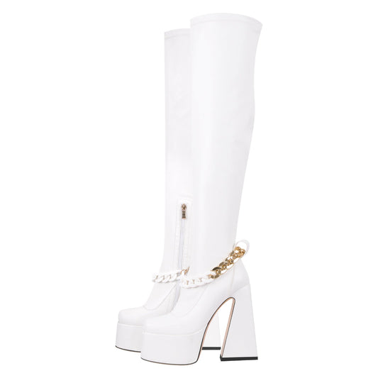 Square Toe Metal Chain Chunky Thigh Boots - Onlymaker
