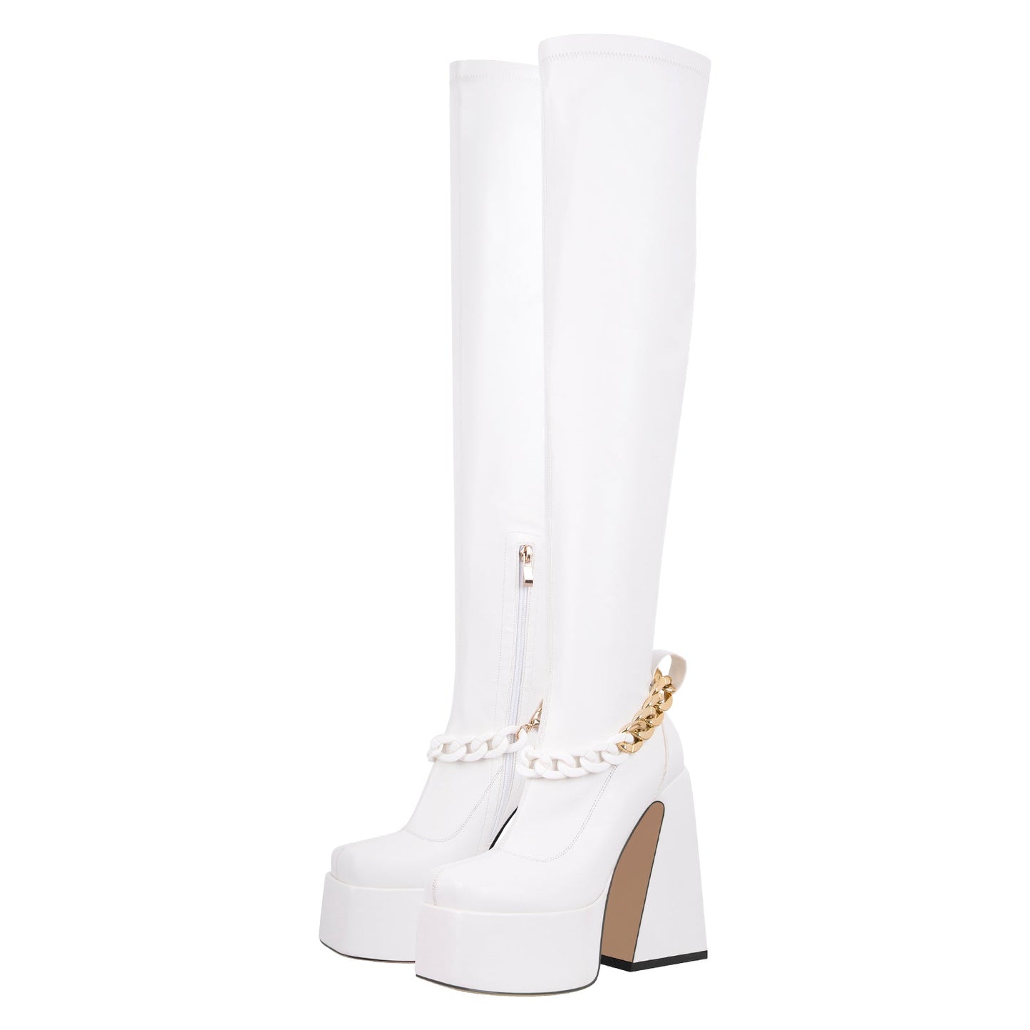 Square Toe Metal Chain Chunky Thigh Boots - Onlymaker
